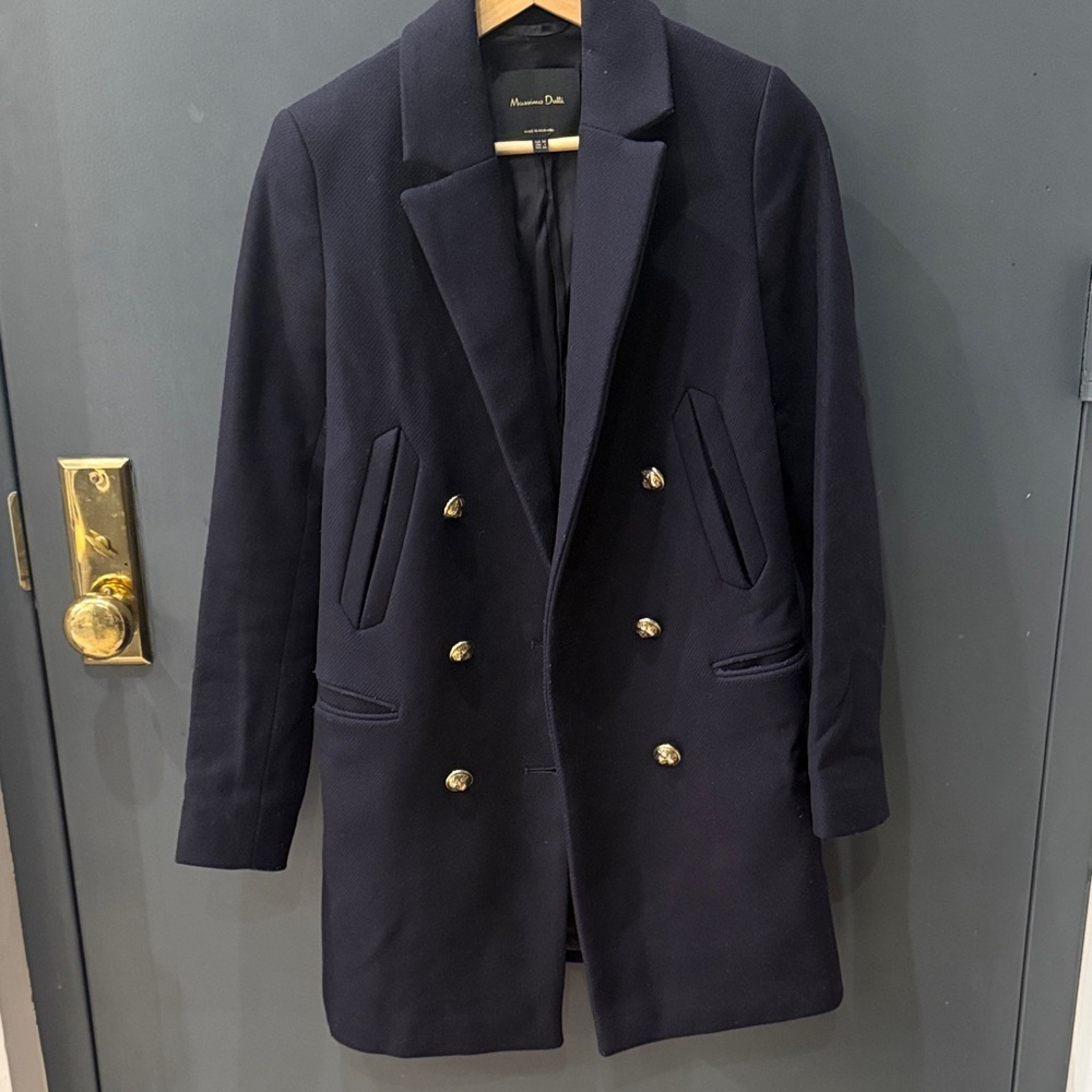 Massimo Dutti Navy Double-Breasted Coat with Gold Buttons